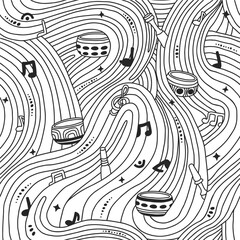 Singing bowl doodle pattern. Tibetan bowls, sound, wooden sticks, meditation elements textile. Music visualization background. Healing therapy pattern. Sound healing for balance and a clear mind.