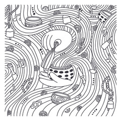 Singing bowls doodle set. Hands are holding Tibetan bowl and making bowls sound. Music visualization. Healing therapy set. Sound healing for balance and a clear mind.  New way of meditation.