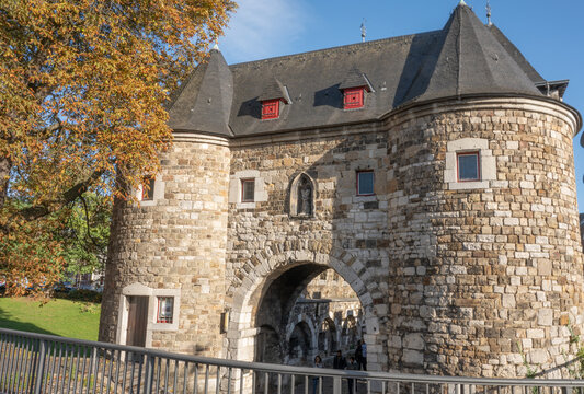 Aachen September 2022: The Ponttor in Aachen, at times (17th 18th century) also called the bridge gate or gate, is the western of the two north gates of the former outer Aachen city wall