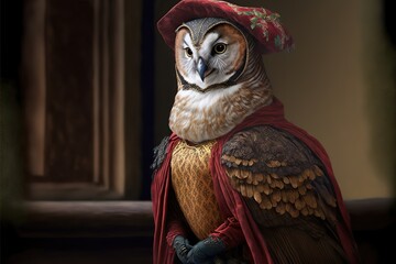 Created with Generative AI technology. portrait of a owl in renaissance clothing - obrazy, fototapety, plakaty
