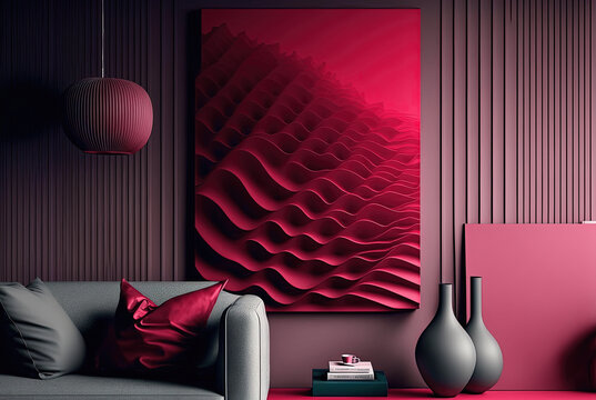 Living room interior on Trendy Pantone 18-1750 viva magenta color., monochrome background. Color of the year 2023.