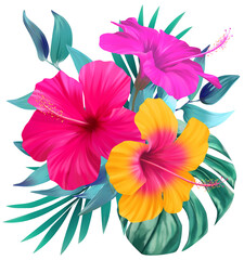 Tropical summer flower bouquet on white background
