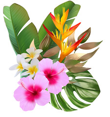 Tropical summer flower bouquet on white background
