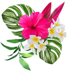 Tropical summer flower bouquet on white background
