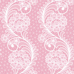 Fototapeta premium Seamless abstract lace floral background. White flowers on pink backgroung.