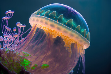 A macro of the stunning chrysaora pacifica jellyfish. Generative AI