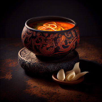 Hot kimichi soup in a terracota bowl, generative ai
