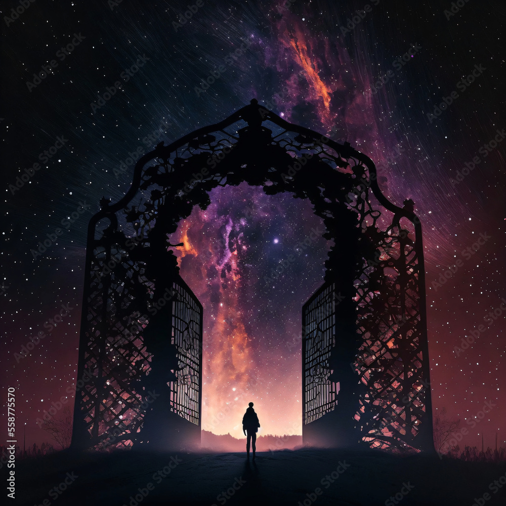 Canvas Prints silhouette of a person standing in front of night sky with gate to the stars. designed using generat