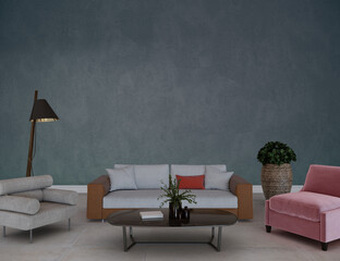 Modern living room with furniture, 3d render