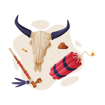 Bull Skull, Smoking Pipe and Dynamite as Wild West Object Vector Composition