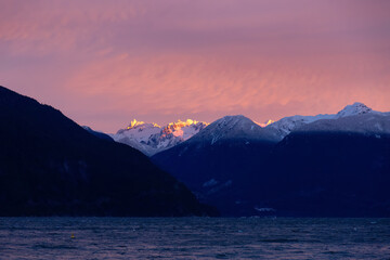 Canadian Mountain Landscape Nature Background. Howe Sound near Vancouver and Squamish, BC, Canada. Colorful winter Sunrise.