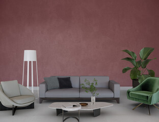 Modern living room with grey sofa, green armchair and beige armcahir