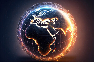 Planet connected electromagnetic grid around, planet earth, neon luminous grid, Earth for global business and finance digital exchange, Internet, generative ai