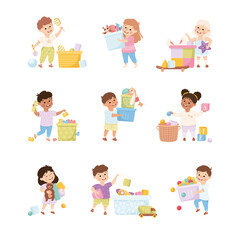 Happy Children Playing Toys in Playroom Having Fun Vector Set