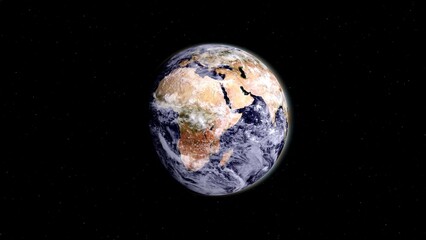 Rotation planet. Earth globe. Global sphere planet. Realistic Earth Rotates on black space or background. Texture map courtesy of NASA. Camera flyby against background of star, flashing. Comet.