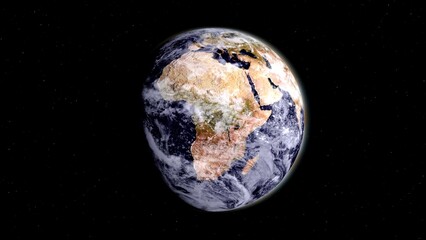 Rotation planet. Earth globe. Global sphere planet. Realistic Earth Rotates on black space or background. Texture map courtesy of NASA. Camera flyby against background of star, flashing. Comet.