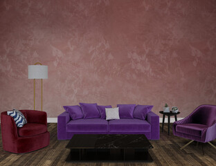 Purple sofa and armchair in a room