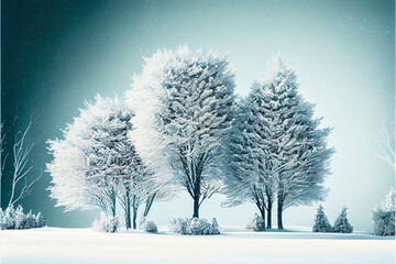 Trees covered in snow and frost. Winter wonderland forest. Generative AI