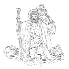 Line art drawing illustration of Saint Christopher, patron saint of travelers carrying child Jesus crossing the river done in medieval style on isolated background in black and white.
