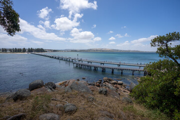 View of the tramway jetty at Victor Harbor in South Australia from Granite Island