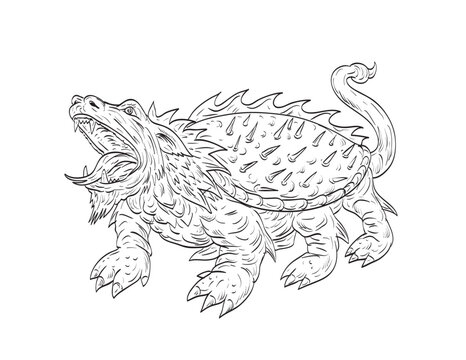 Line art drawing illustration of Tarasque, a fearsome legendary dragon-like mythological hybrid from Provence, France tamed by Saint Martha done in medieval style on isolated background.
