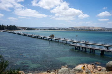 Fototapeta premium View of the tramway jetty at Victor Harbor in South Australia from Granite Island
