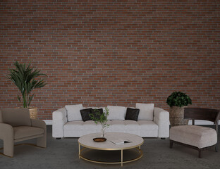 Living room with furniture front of the brick wall