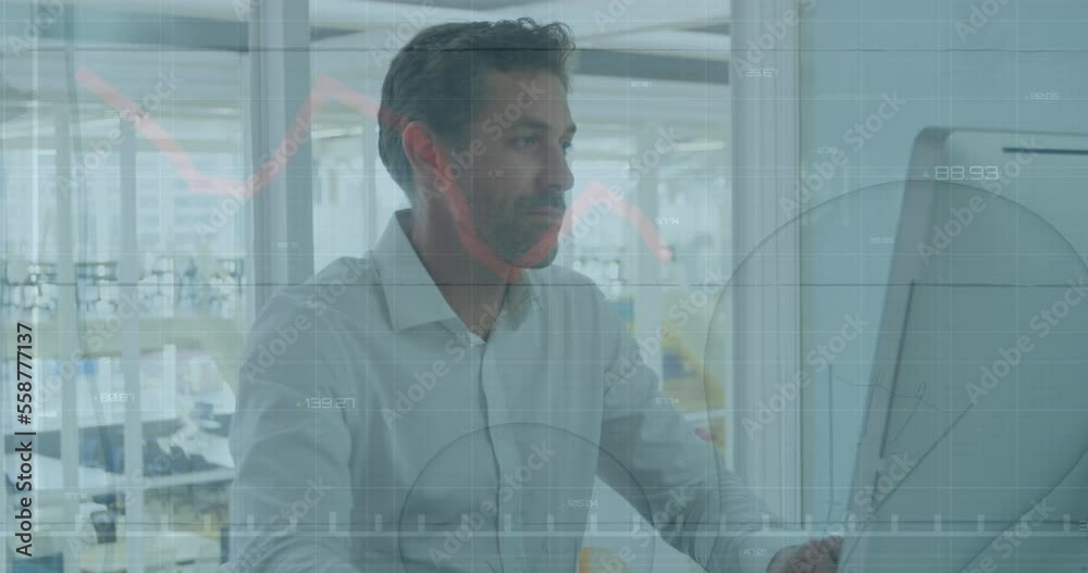 Poster Animation of financial data processing over caucasian businessman using computer in office