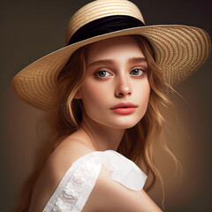 Beautiful young fresh woman wearing summer hat. AI generated image.
