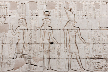 Reliefs and hieroglyphics at the ancient Egyptian Temple of Horus at Edfu, Egypt