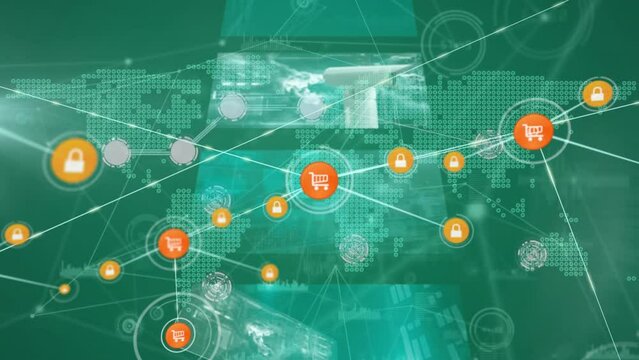 Animation of connected icons, globe, eye, surveillance camera, cropped hand using technology on map