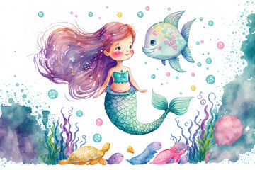 a white backdrop in isolation with a mermaid tail. child's watercolor painting. Generative AI © The 2R Artificiality