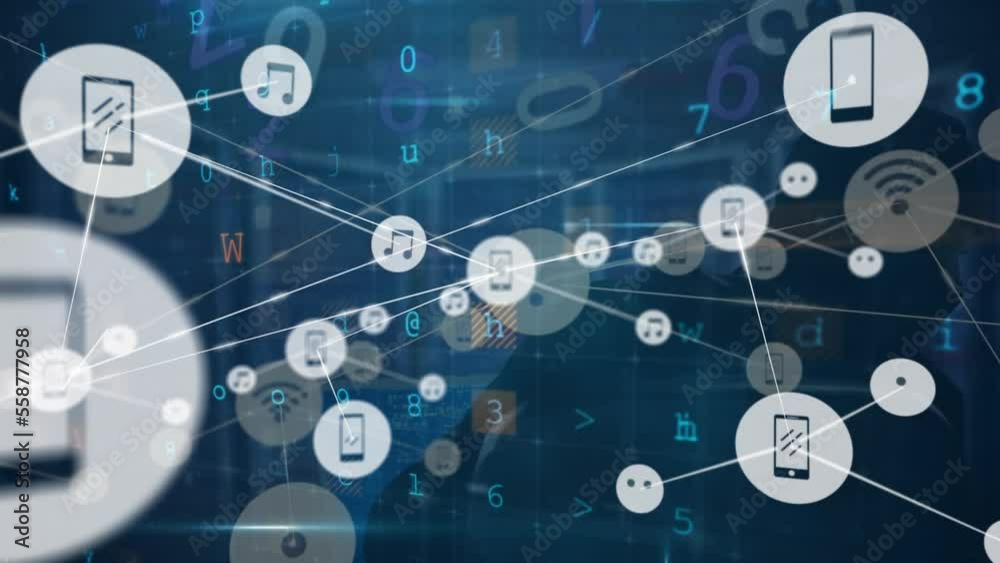 Poster animation of connected icons over letters, symbols, numbers on rear view of hacker using computer
