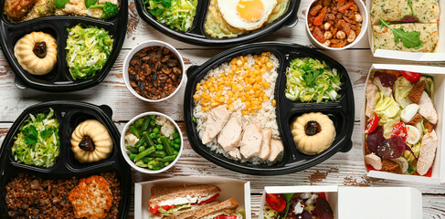 Containers with delicious food for delivery on table, top view