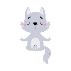 Cute Little Wolf Cub with Grey Coat Meditating Vector Illustration