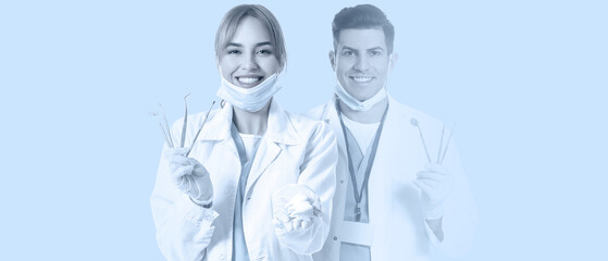 Dentists with tools on blue background. Banner for design