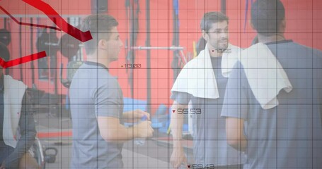 Animation of graphs and numbers over multiracial buddies talking after exercise in gym