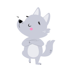 Cute Little Wolf Cub with Grey Coat Standing with Grumpy Face Vector Illustration