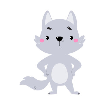 Cute Little Wolf Cub with Grey Coat Standing Vector Illustration