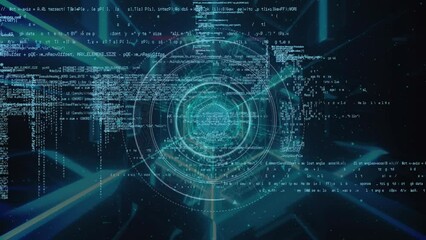 Animation of programming language over globe, graph, bars, map and digital clock - Powered by Adobe