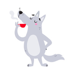 Grey Wolf Character with Pointed Muzzle Drinking Hot Steaming Tea with Cup Vector Illustration