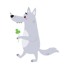 Grey Wolf Character with Pointed Muzzle Walking with Trefoil Leaf Vector Illustration