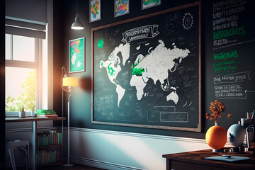 Large blackboard in a brightly lit classroom. Generative AI