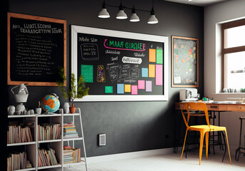 Large blackboard in a brightly lit classroom. Generative AI