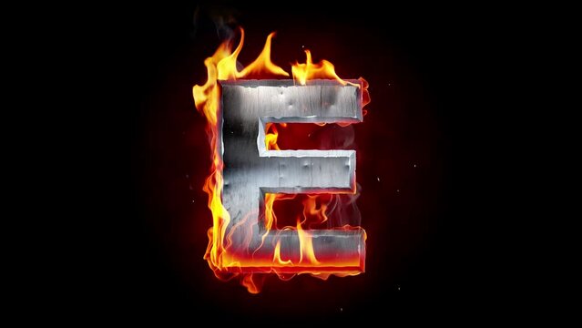 Burning metallic letter. Fiery font. Real fire flame, sparkles and smoke in slow motion isolated on black background.