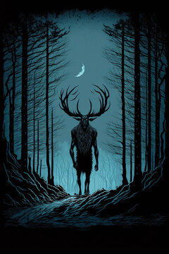 Wendigo, monster or demon. Mythological creature or spirit of the forest. Generative AI.