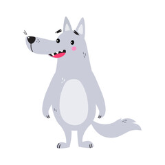 Grey Wolf Character with Pointed Muzzle Standing and Smiling Vector Illustration