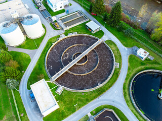 Water and sewage treatment plant closeup of the waste pool top down view