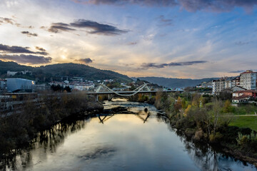 Ponte do milenio, Ourense. Landscape of the millenium bridge over Mi&ntilde;o river a sunset, Ourense, Spain
