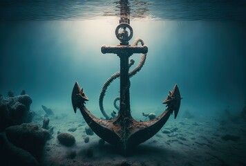 illustration of big iron anchor that abandoned at ocean floor with sung light shine through water surface - obrazy, fototapety, plakaty